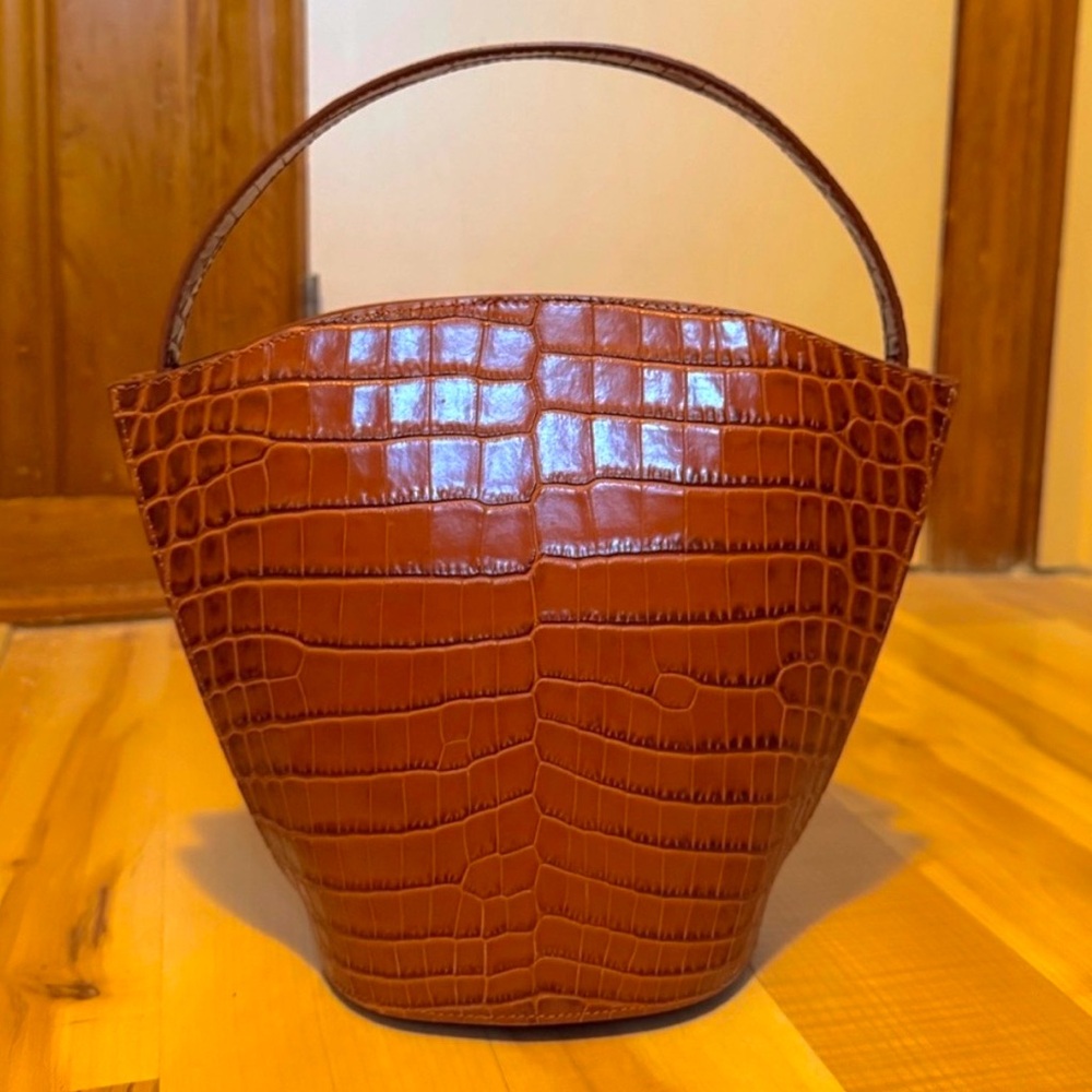 FLYNN Croc Embossed Leather Bucket Bag Matte Gold Hardware